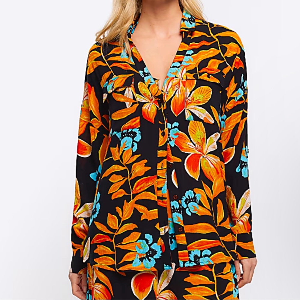 RIVER ISLAND Black Tropical Oversized Top and Mini Skirt Set